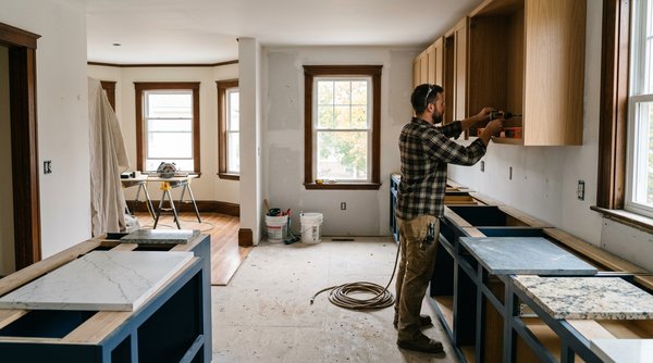 Carpenter installing wood upper cabinets during a kitchen remodel in West Roxbury, MA